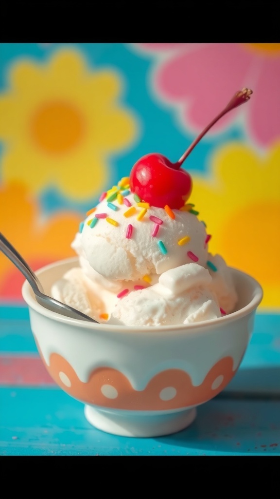 A bowl of vanilla ice cream with sprinkles and a cherry on top, ready to be enjoyed.